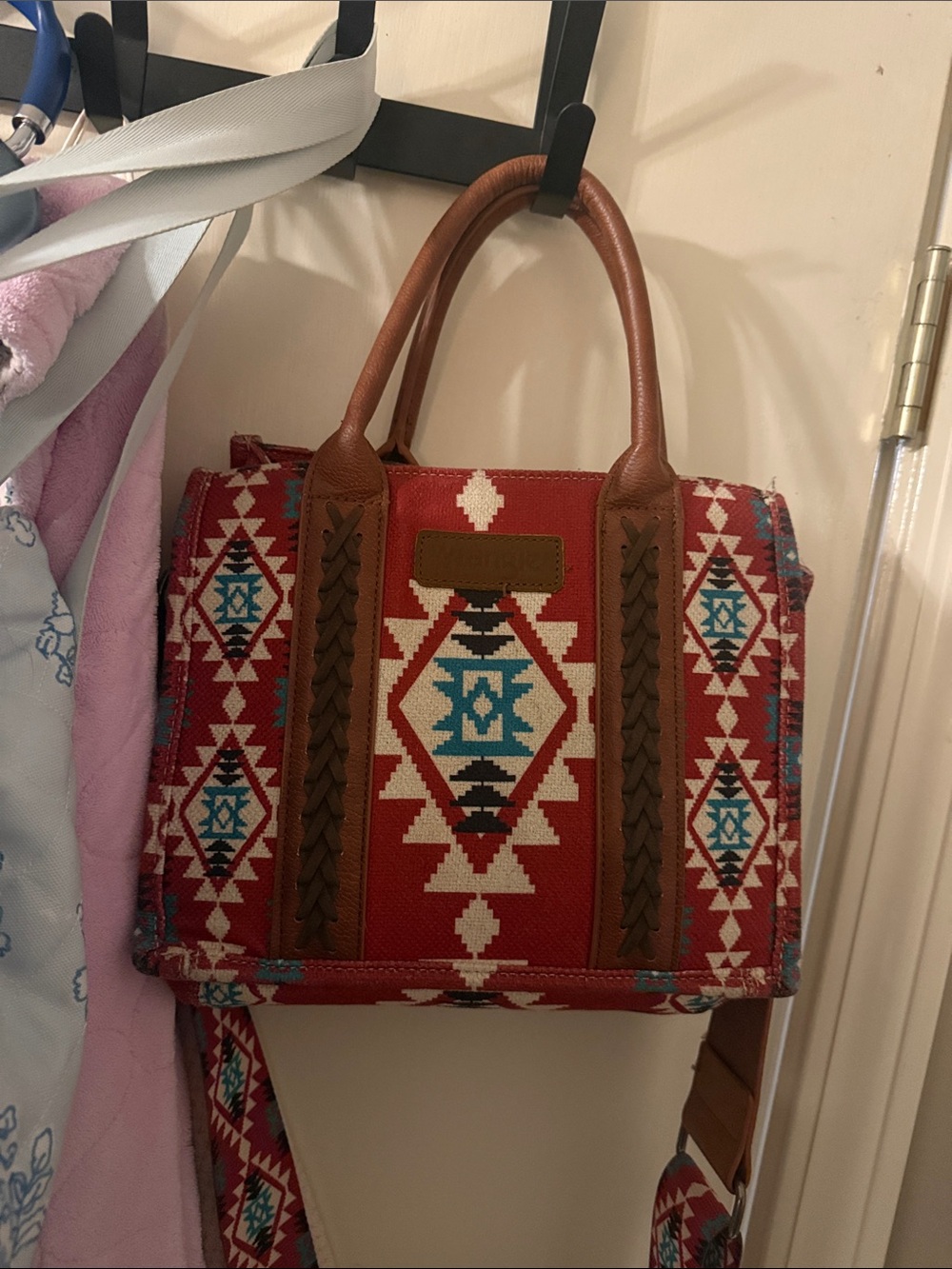 Wrangler Red Southwestern Pattern Tote Bag with Brown Trim